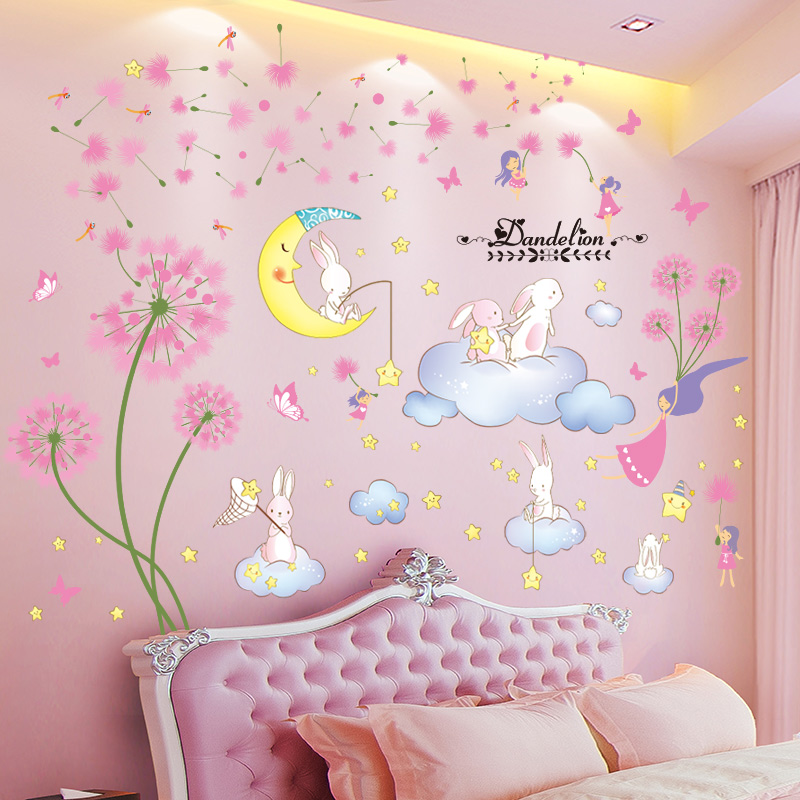 [SHIJUEHEZI] 토끼 동물 구름 벽 스티커 DIY 민들레 꽃 벽화 어린이 방 아기 침실 홈 장식